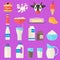 Cartoon Color Milk Products Icons Set. Vector