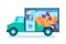 Cartoon Color Moving Home Truck with Furniture and Appliances Inside. Vector