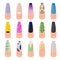 Cartoon Color Nail Service Art Elements Set. Vector