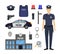 Cartoon Color Policeman and Police Elements Icon Set. Vector