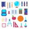 Cartoon Color School Supplies Icon Set. Vector