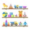 Cartoon Color Toys on Shelves Set. Vector