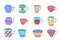 Cartoon Color Various Cups Tea or Coffee Icon Set. Vector