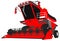 Cartoon colored 3D model of large red grain agricultural combine harvester on white, clip art for food industry images -
