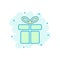 Cartoon colored gift box icon in comic style. Gift present illus