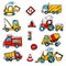 Cartoon colored machines. concrete mixer, crane, dump truck , bulldozer, signs. stickers with a cutting outline, on a