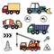Cartoon colored machines. concrete mixer, crane, dump truck , bulldozer, signs. stickers with a cutting outline, on a white