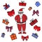 Cartoon colored Santa Clause with many multicolor gift boxes around him on a white background. For Christmas greeting Cards and in
