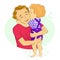 Cartoon colored vector illustration of a little boy kissing his father on the cheek and hugging his father with a deep love to his