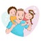 Cartoon colored vector illustration of little girl and a boy hugging their father`s neck and showing their deep love to their fath