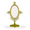 Cartoon colored vector illustration of an oval shaped antique look gold mirror