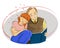Cartoon colored vector illustration of young girl leaning on her father`s shoulder and listening to her father`s sweet voice while