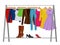 Cartoon colorful clothes on hangers. Fashion concept.