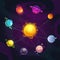 Cartoon colorful fantasy solar system with star and planets on the space background.