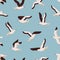 Cartoon colorful flight marine bird seamless pattern. Atlantic seabird creature enjoying freedom on blue background