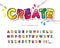 Cartoon colorful font for kids. Creative paint ABC letters and numbers. Bright glossy alphabet. Paper cut out. For