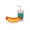 Cartoon colorful hot dog and soda pop with straw
