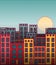 Cartoon colorful houses cityscape sunset