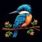 Cartoon colorful kingfisher sitting on a branch, isolated on black background. Generative AI