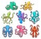 Cartoon colorful octopuses with tentacles
