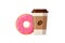 Cartoon colorful tasty donut and disposable paper cup coffee. Glazed doughnut with hot beverage vector flat illustration