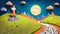 Cartoon comedy paper cut background winding road moon