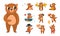 Cartoon comic bears various emotions. Bear different poses, cute forest animal rest, eat honey, run. Funny creatures for