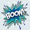 Cartoon comic graphic design for explosion blast dialog box background with sound BOOM.