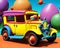 Cartoon comic smile retro hippie hipster party carnival clown car auto