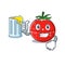 A cartoon concept of tomato kitchen timer toast with a glass of beer