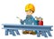 Cartoon construction worker in some additional safety cover standing in front of steel beam