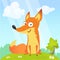 Cartoon cool little fox sitting on a meadow in summer season background with flower and mushrooms. Vector illustration