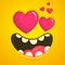 Cartoon cool monster face in love with a heart shaped eyes. Vector Halloween orange monster avatar for St. Valentine`s Day.