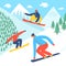Cartoon cool snowboarders in mountains.