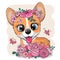 Cartoon Corgi with flowers on a white background