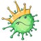 Cartoon coronavirus character. Angry virus with golden crown. Hand drawn charismatic character. COVID-19