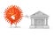 Cartoon Coronavirus COVID-19 Mascot Person Character Try to Destroy Bank Building as Symbol of World Financial System. 3d