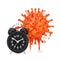 Cartoon Coronavirus COVID-19 Virus Mascot Person Character with Alarm Clock. 3d Rendering