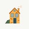 Cartoon Cottage. Hand drawn home facade with texture frond view, cute bright townhouse and family house in countryside, real