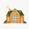 Cartoon Cottage. Hand drawn home facade with texture frond view, cute bright townhouse and family house in countryside, real