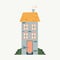Cartoon Cottage. Hand drawn home facade with texture frond view, cute bright townhouse and family house in countryside, real