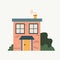 Cartoon Cottage. Hand drawn home facade with texture frond view, cute bright townhouse and family house in countryside, real