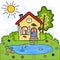 The cartoon country house and a lake with fish, summer vacation