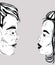 Cartoon of a couple in black and white preparing to kiss, view from side