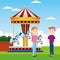 Cartoon couple and fair horses carousel over landscape background