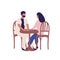 Cartoon couple having romantic date at street cafe vector flat illustration. Colorful man and woman sitting at table in