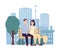 Cartoon couple in love sitting on park bench on city background