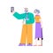 Cartoon couple of old people standing and taking selfie on smartphone