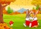 Cartoon couples of rabbits reading a book in the autumn forest