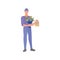 Cartoon courier guy holding bouquet and checklist. Young male character delivering parcel. Single delivery man in cap